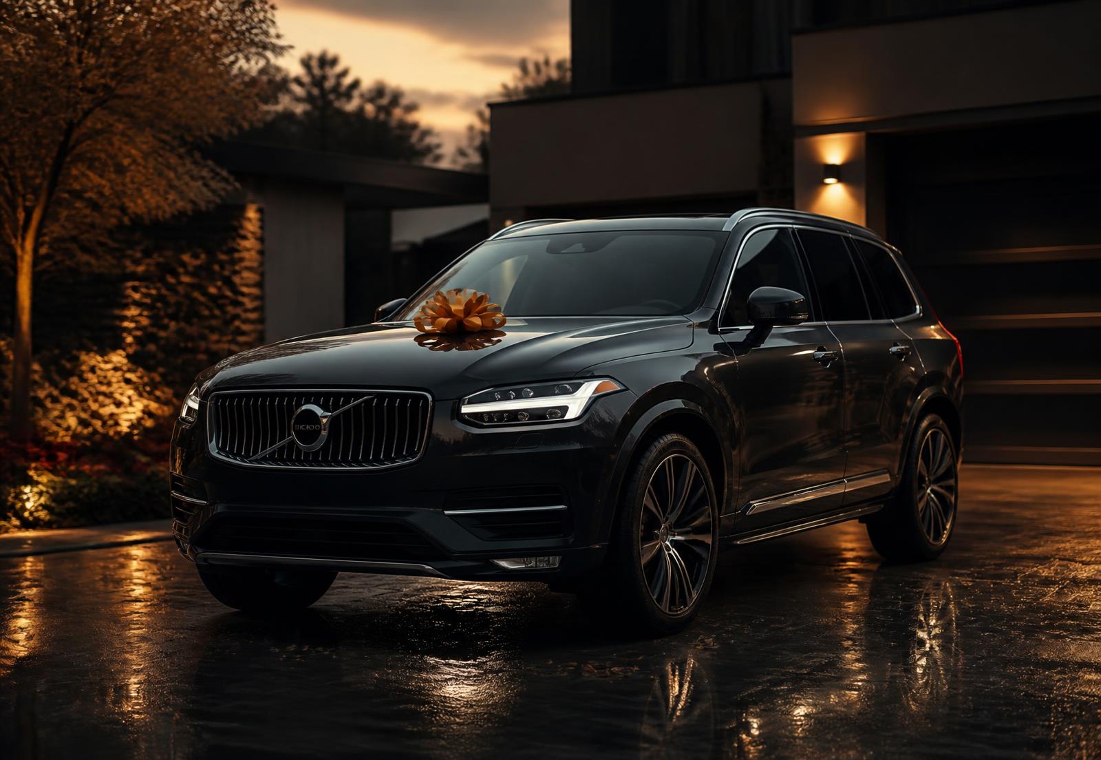 A new SUV delivered to a private driveway at dusk with a gold bow on the hood